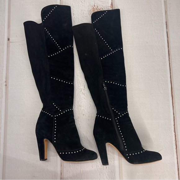 VINCE CAMUTO Carlene Black Embellished Leather Suede Over The Knee Boots 6 1/2M - Picture 9 of 17